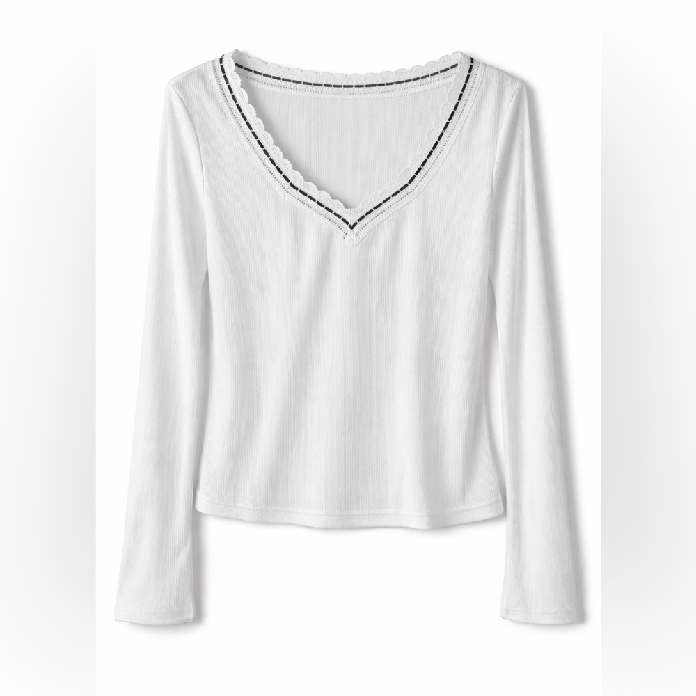 Free people intimately ribbed knit lace trim long sleeve V Neck top